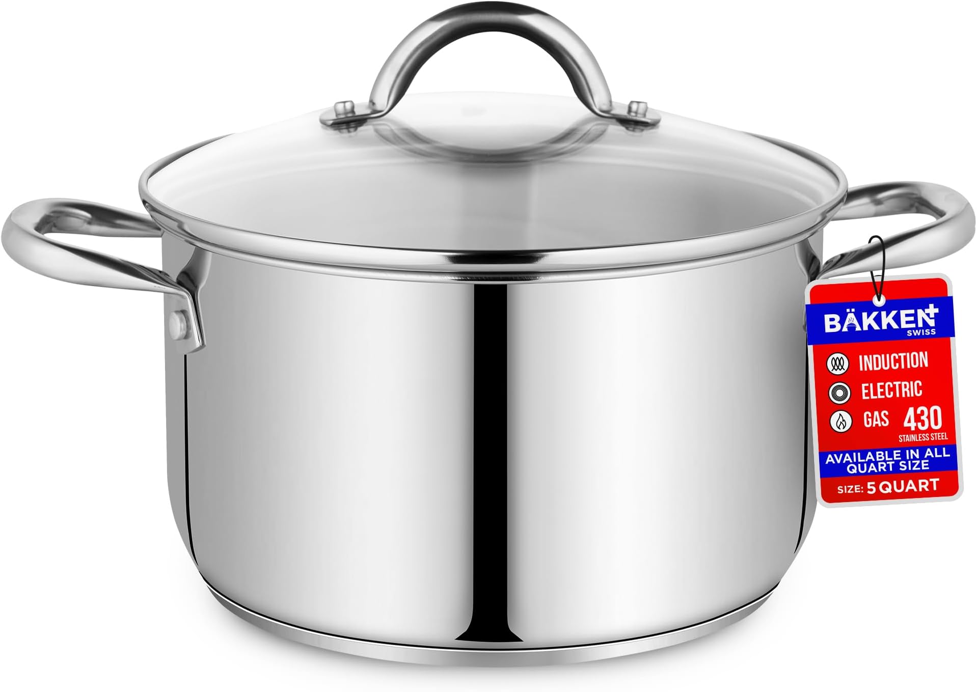 Stainless Steel Stockpot with Tempered Glass Lid 5 Quart, Durable 18/0 Stainless Steel, Impact-Bonded Base for Even Heating, Riveted Handles, Oven & All Stove Compatible, Safe Up To 500°F (260°C)