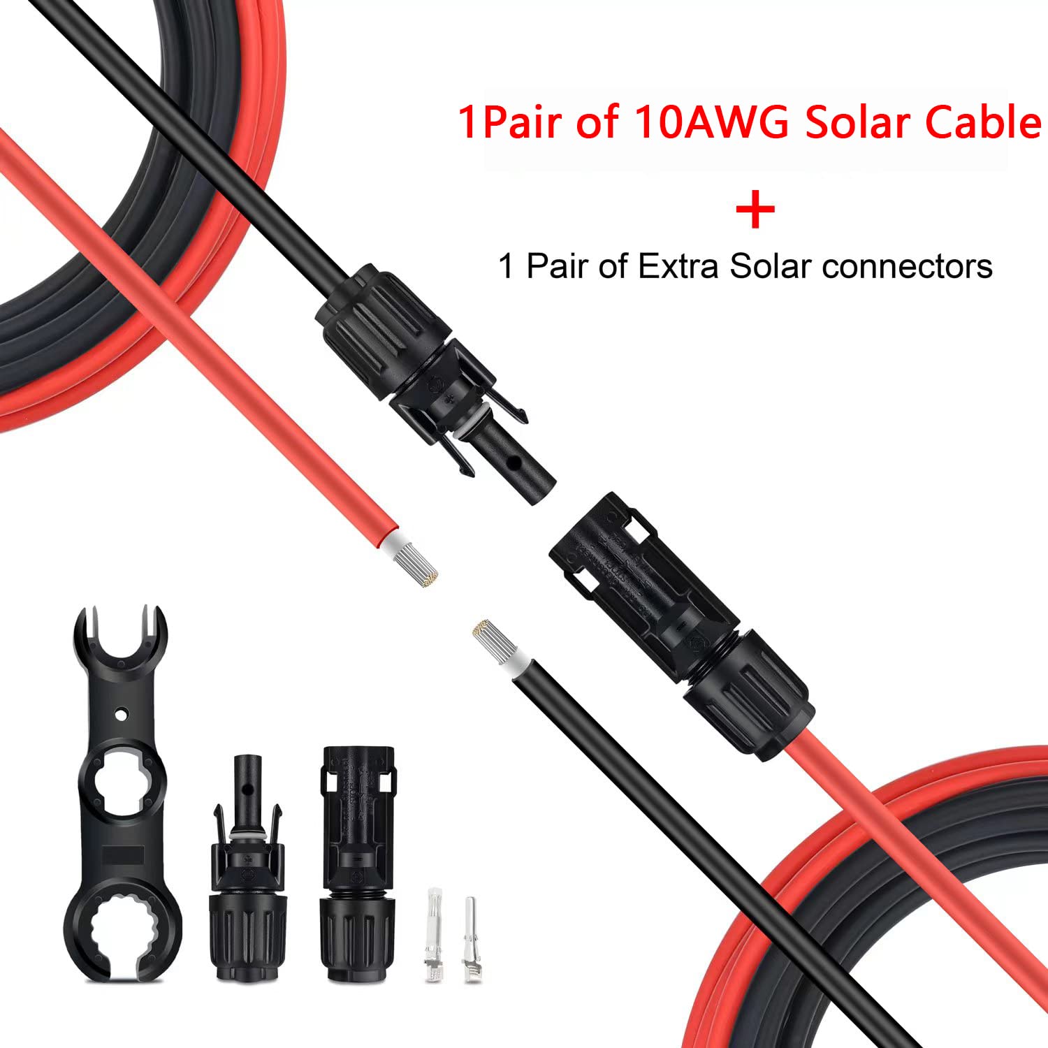Przedłużacz solarny 30 m, 10 AWG, kabel do panelu słonecznego z parą złączy i zestawem adapterów (9 m, czerwony + 90 m, czarny)