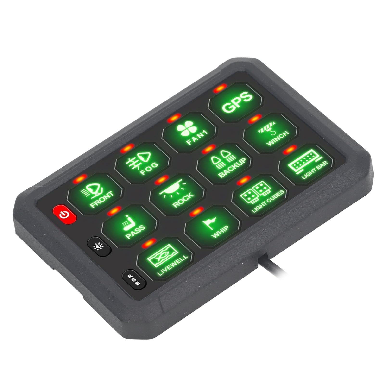 Dioche Sterowanie aplikacją w Pojeździe Panel Przełączników 12-kanałowych ze Sterowaniem RGB i łącznością z aplikacją dla Pojazdów, Systemy 12 V–24 V, Wyłącznik Automatyczny 100 A