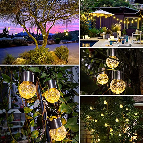 Image of Bosceos 12Pack Hanging Outdoor Solar Lights - Decorative Cracked Glass LED Ball Waterproof Tree Powered Globe With Handle for Garden Yard Patio Fence Holiday Decoration, Warm White