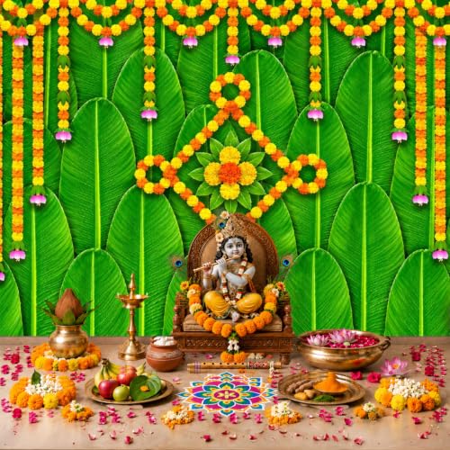 Image of Party Propz Banana Leaf Backdrop for Pooja Decoration-2 Pcs, Ganpati Decoration Setup for Home, Pooja Background Decor, Annaprasana Backdrop, Varalakshmi Decorative Items.
