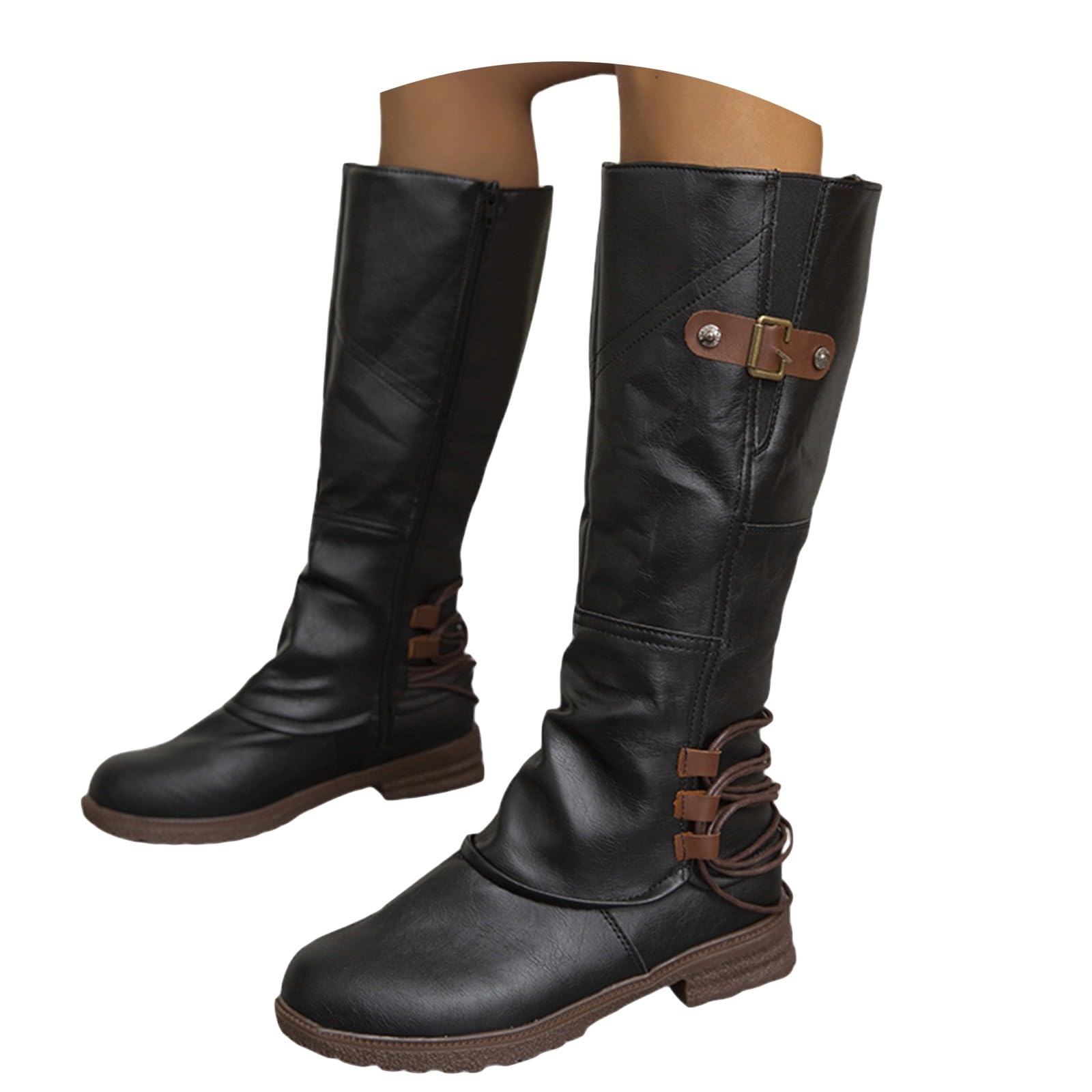 Generisch 2026 Botas retro de altura media con cremallera lateral con correa de hebilla. Botines clásicos de montar con tacón grueso para atuendos casuales