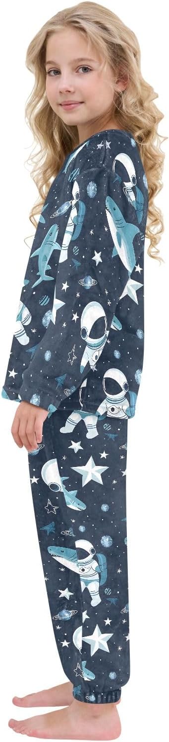 Kids Flannel Sets Astronaut Shark and Space Warm Plush Relaxed Clothing for Boys and Girls