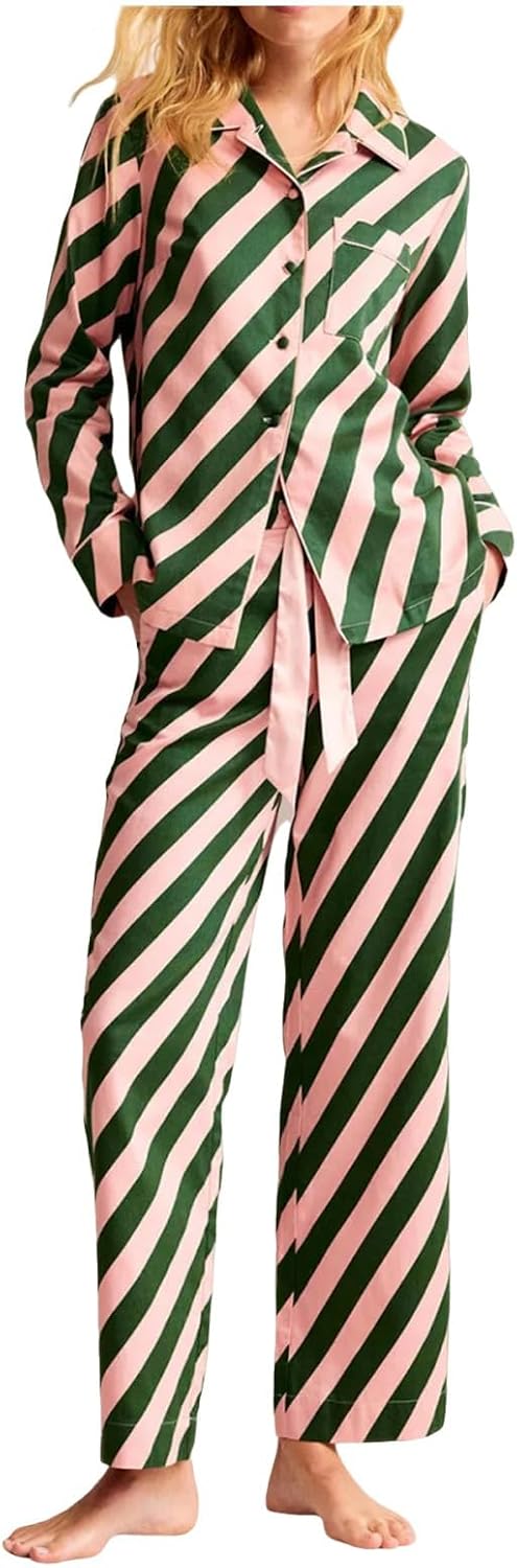 HGps8w Women's Striped Pajamas Sets - Button Down Loose Long Sleeve Sleepwear Matching Long Pants Loungewear Pjs Set