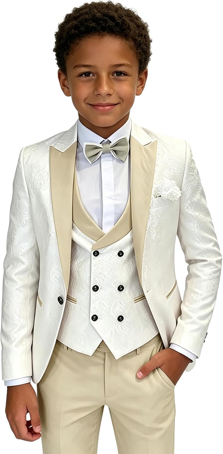 DHTS Boys Tuxedo Suit Slim Fit Jacquard Dress Suits for Kids 4 Piece Set