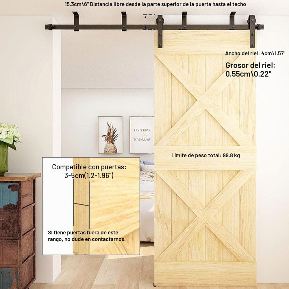 TSMST 1.52M (5FT) Herraje para Puerta Corredera Corredera Kit de montaje en techo, Accesorios para Puertas Correderas - Estilo Básico
