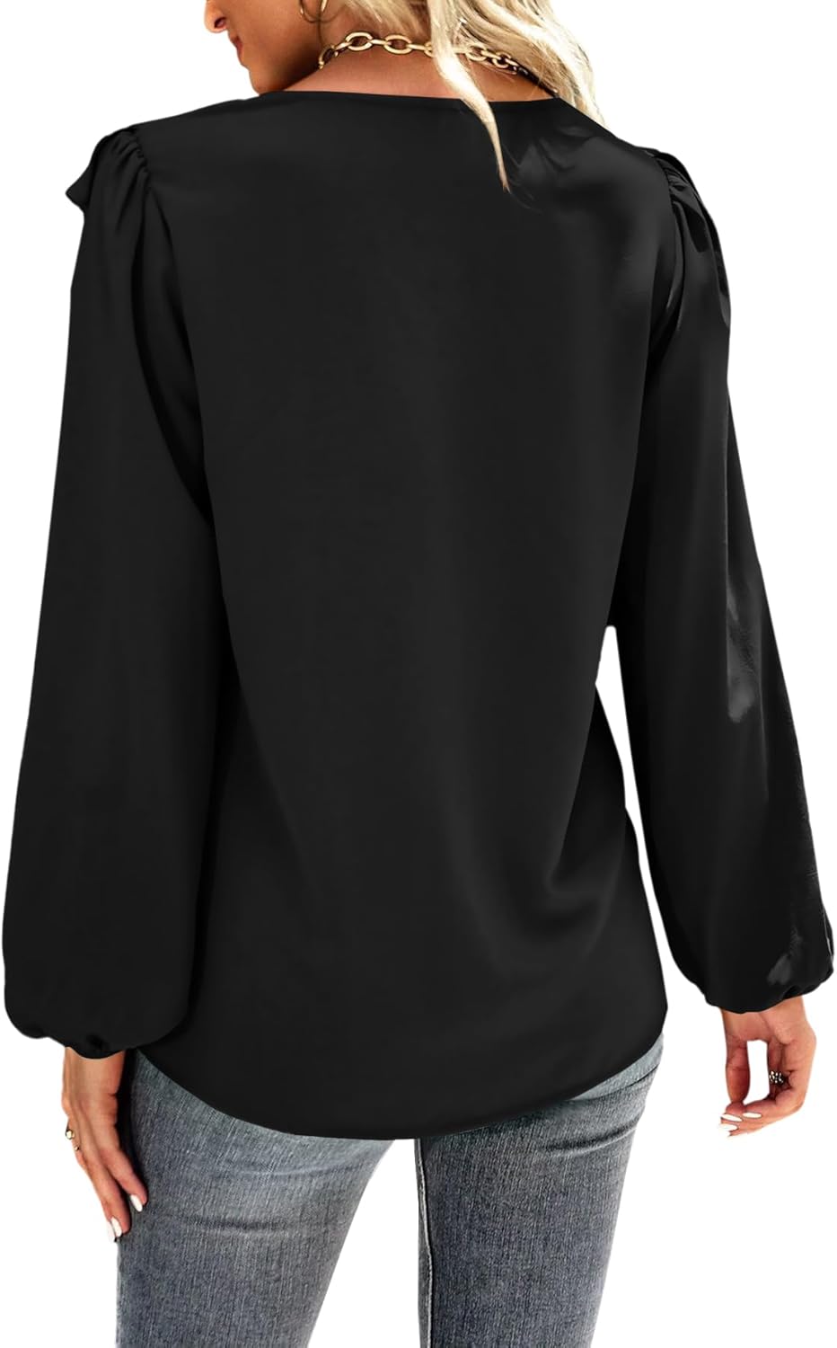 Vrtige Women's V Neck Ruffle Front Button Down Long Sleeve Blouse Top Shirt - Image 2