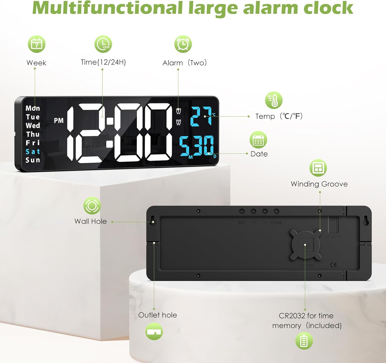 KeeKit Digital Clock, LED Wall Clock with 16" Large Display, Desktop Clock with Remote Control, Automatic Brightness Dimmer, 10 Adjustable Brightness, Suitable for Living Room - Blue