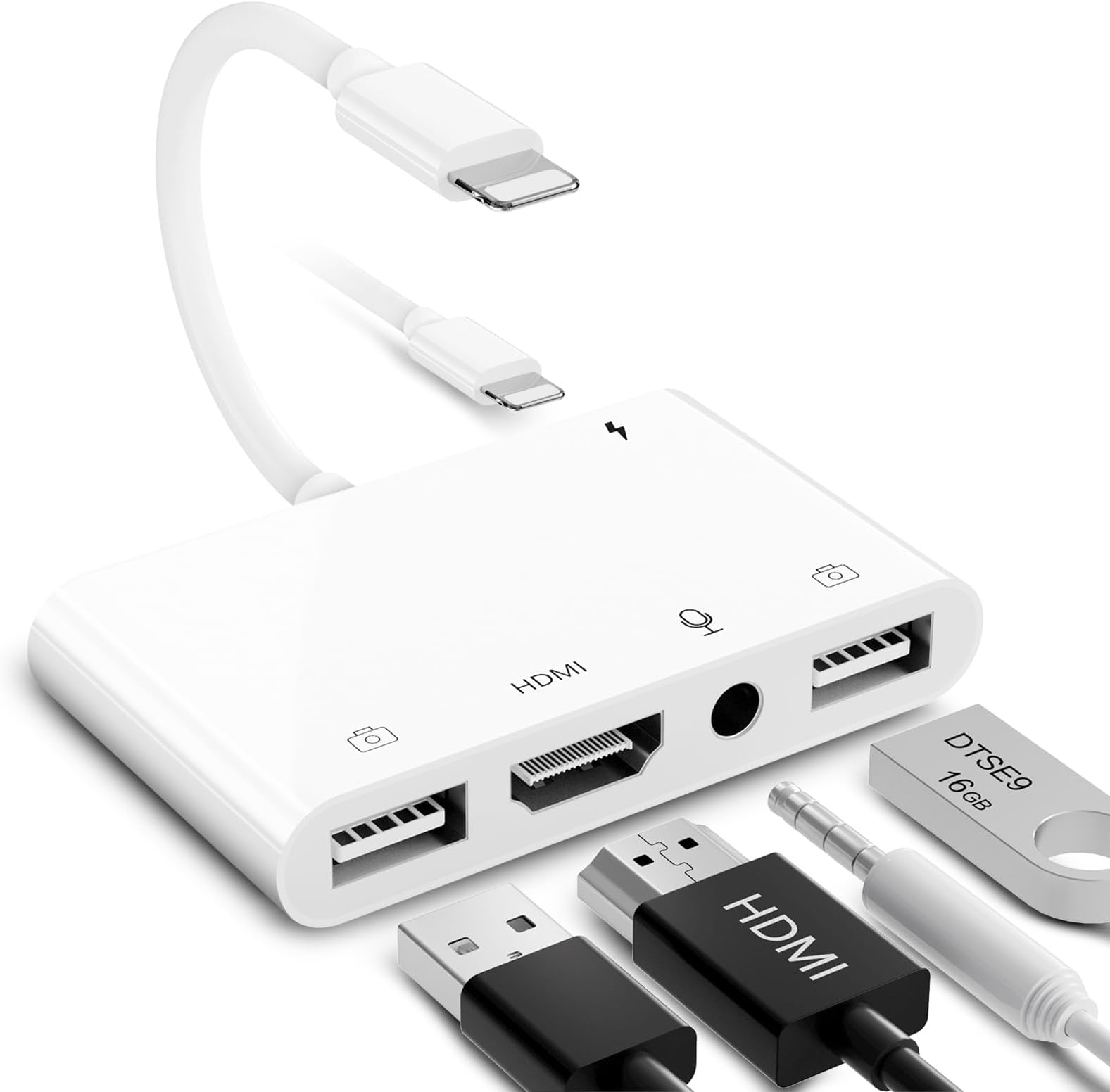 Lightning to HDMI Adapter for iPhone/iPad to TV, Dual USB OTG Adapter with Microphone Input for Live-Streaming, MIDI Keyboard, Mouse, HD TV/Projector/Monitor Compatible (White)