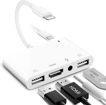 Lightning to HDMI Adapter for iPhone/iPad to TV, Dual USB OTG Adapter with Microphone Input for Live-Streaming, MIDI Keyboard, Mouse, HD TV/Projector/Monitor Compatible White