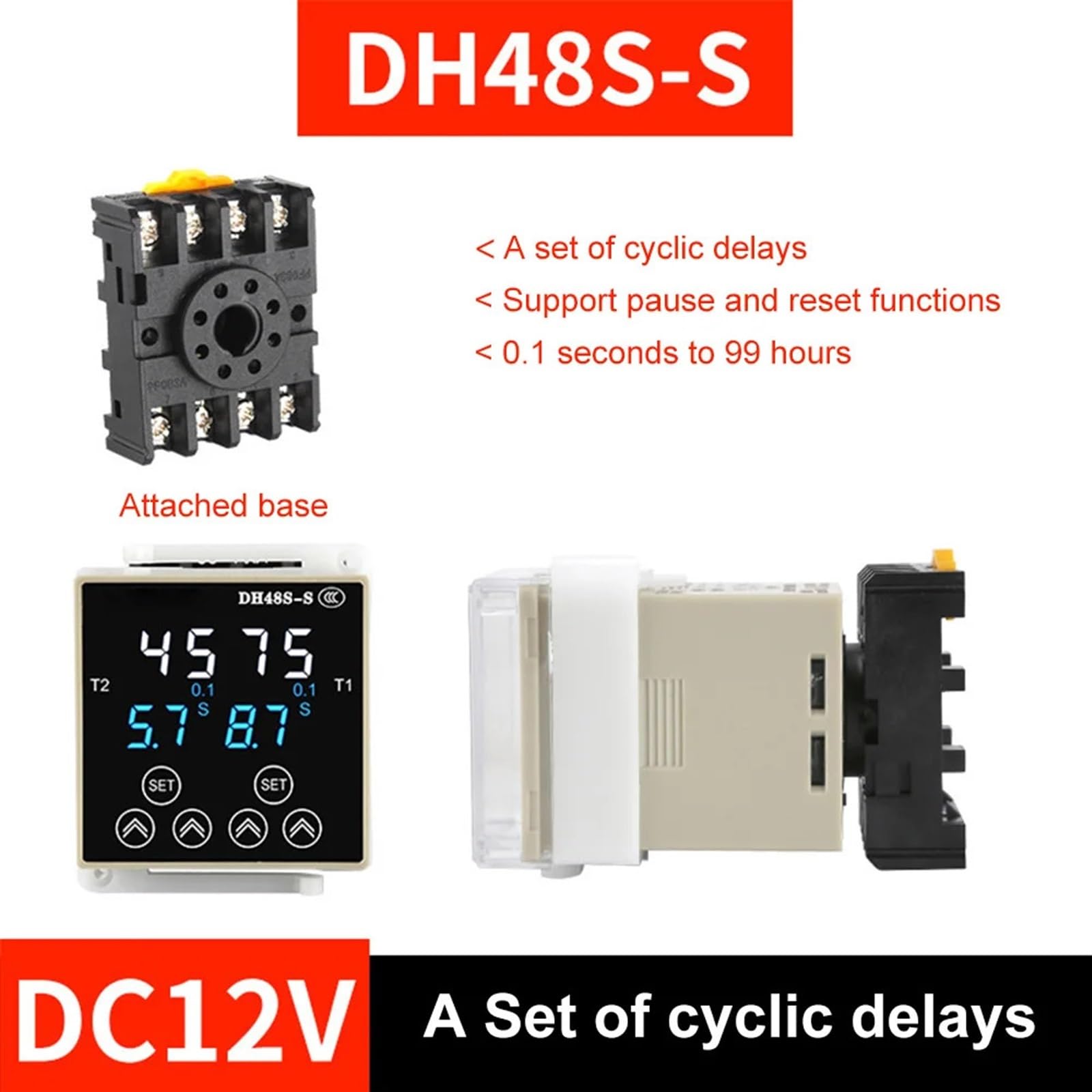 AC220V AC380V DC24V DC12V Relè temporizzato con ritardo digitale DH48S-S 1Z 2Z Relè temporizzato con timer ciclo programmabile con base presa (Size : DC12V DH48S-S)