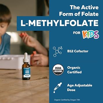 Organic Kids L-Methylfolate + Methyl B12 Cofactor - MTHFR Sublingual Form - 5-MTHF, Superior Form of Folate - Adjustable Dosing for All Ages - Mood, Behavior, Cognition - Organic Berry Flavor, 1 Fl oz