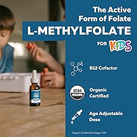 Triquetra Health Organic Kids L-Methylfolate, 5-MTHF + Methyl B12 Cofactor, Superior Form of Folate, Adjustable Dosing for All Ages, Mood, Behavior, Cognition, Organic Berry Flavor, 1 Fl Oz