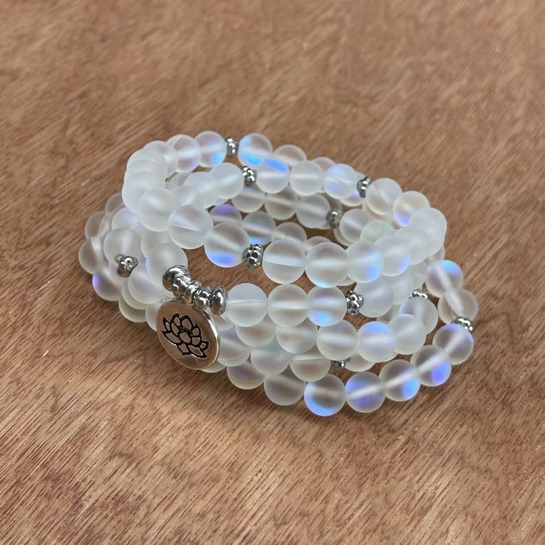 Naturalny kamień księżycowy 8 mm 108 koralików mala, duchowe, koraliki do medytacji, Reiki, Japa Mala, buddyjskie koraliki modlitewne, bransoletka do jogi, koraliki lecznicze