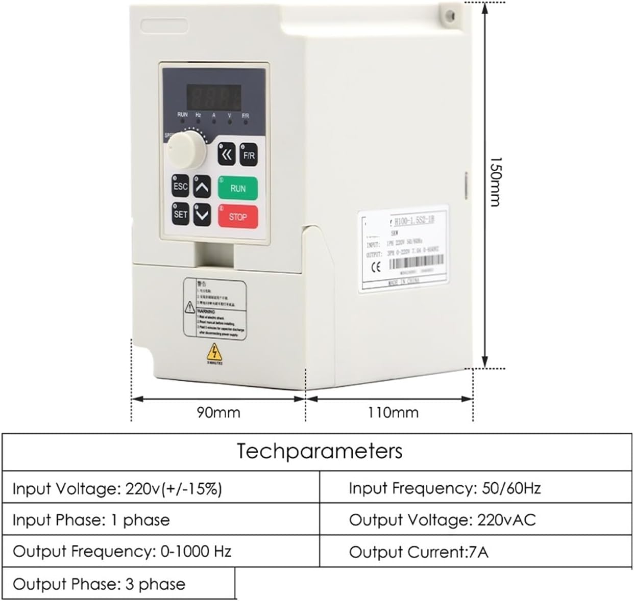 220v 1.5kw ER20 square air cooled spindle motor, 4 P4 bearings and H100 1.5kw 1000hz variable frequency drive