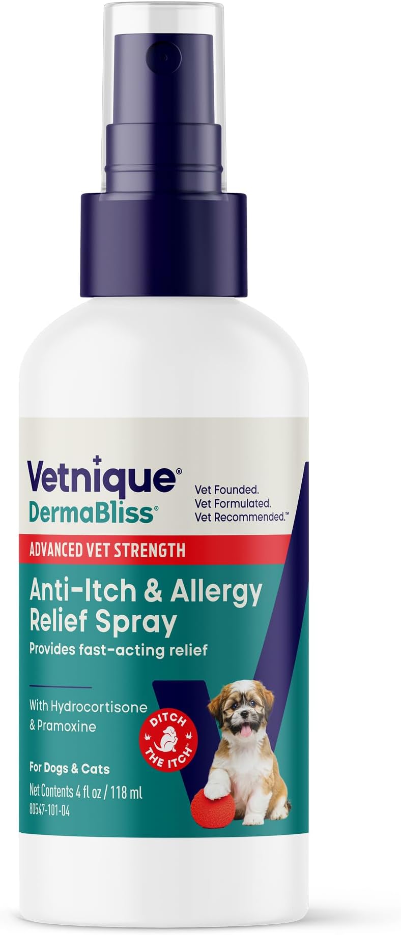 Vetnique Dermabliss Anti Itch Spray for Dogs & Cats with Hydrocortisone for Allergies and Immediate Dog Itching Skin Relief - Fragrance Free with Soothing Oat Extract (4oz)