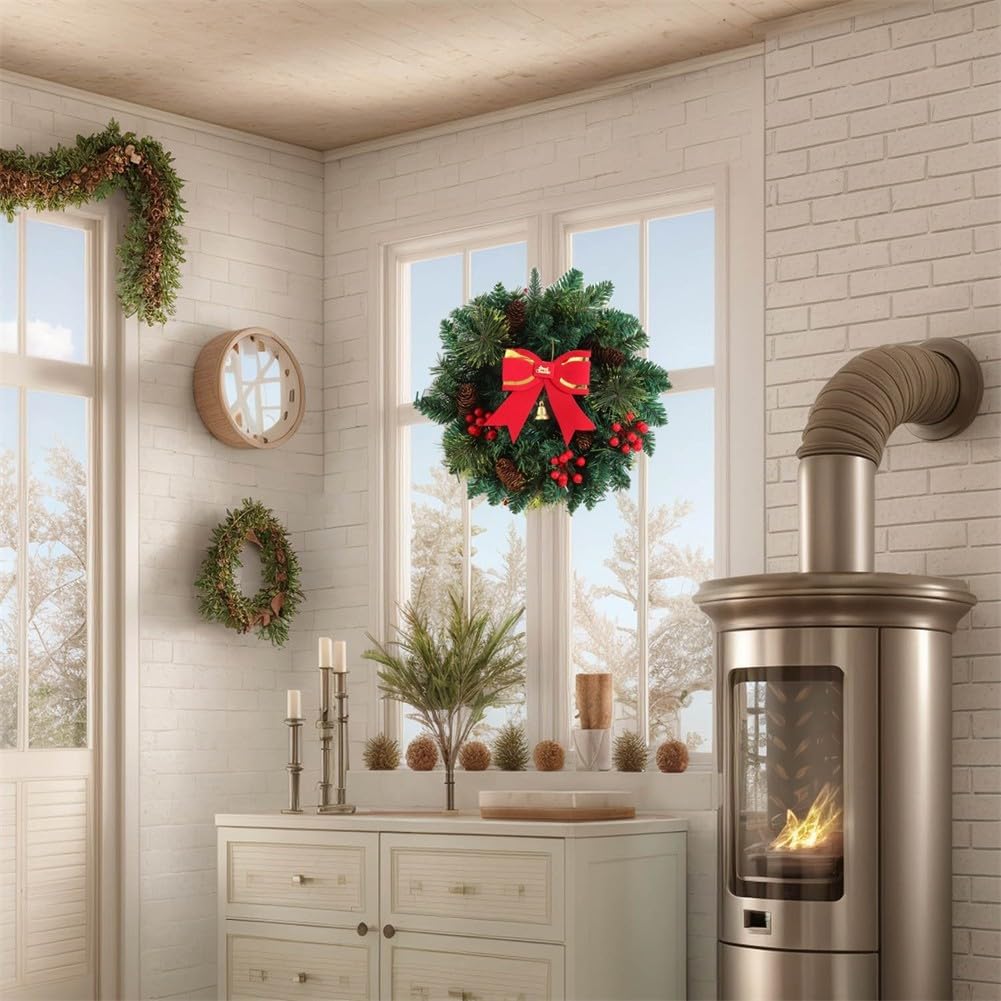 1 couronne de Noël artificielle, 30 cm ronde verte, couronne de Noël d'extérieur avec pommes de pin et baies rouges décoratives