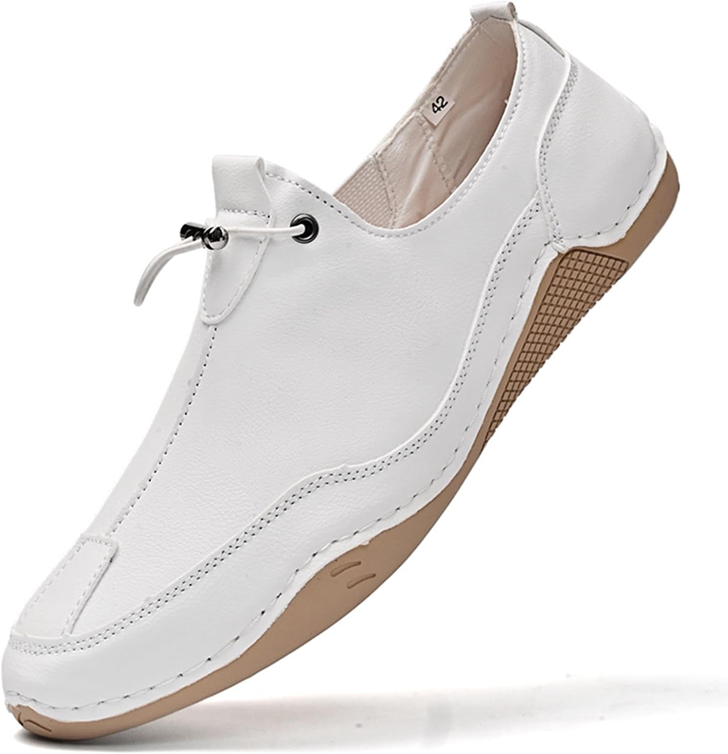 Men's Leather Outdoor Non-Slip Driving Loafers Comfortable Hand-Stitched Soft Casual Shoes Round Toe Lightweight Hiking Shoes