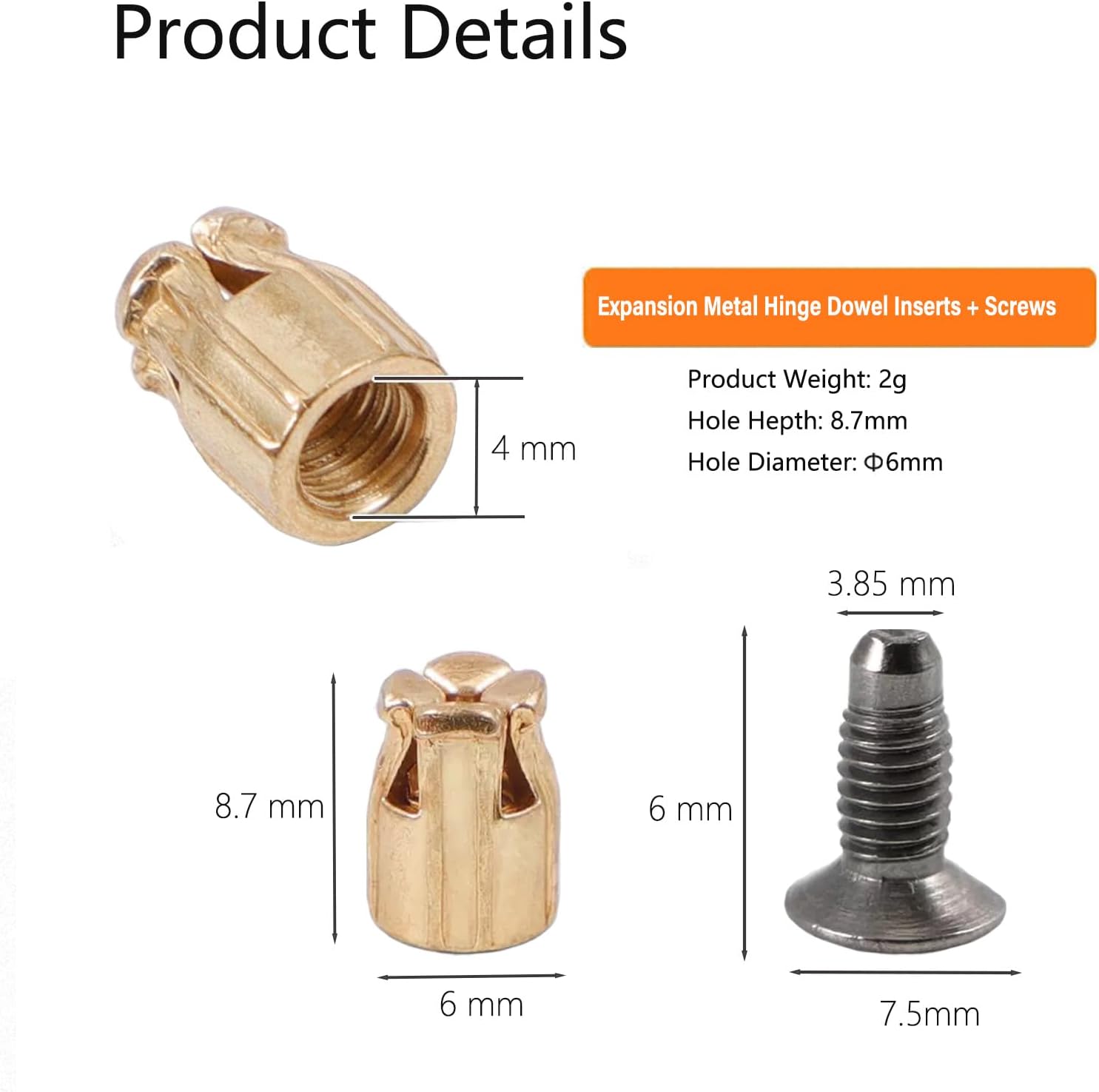 6mm Expansion Metal Hinge Dowel Inserts with Screws, Pack of 50