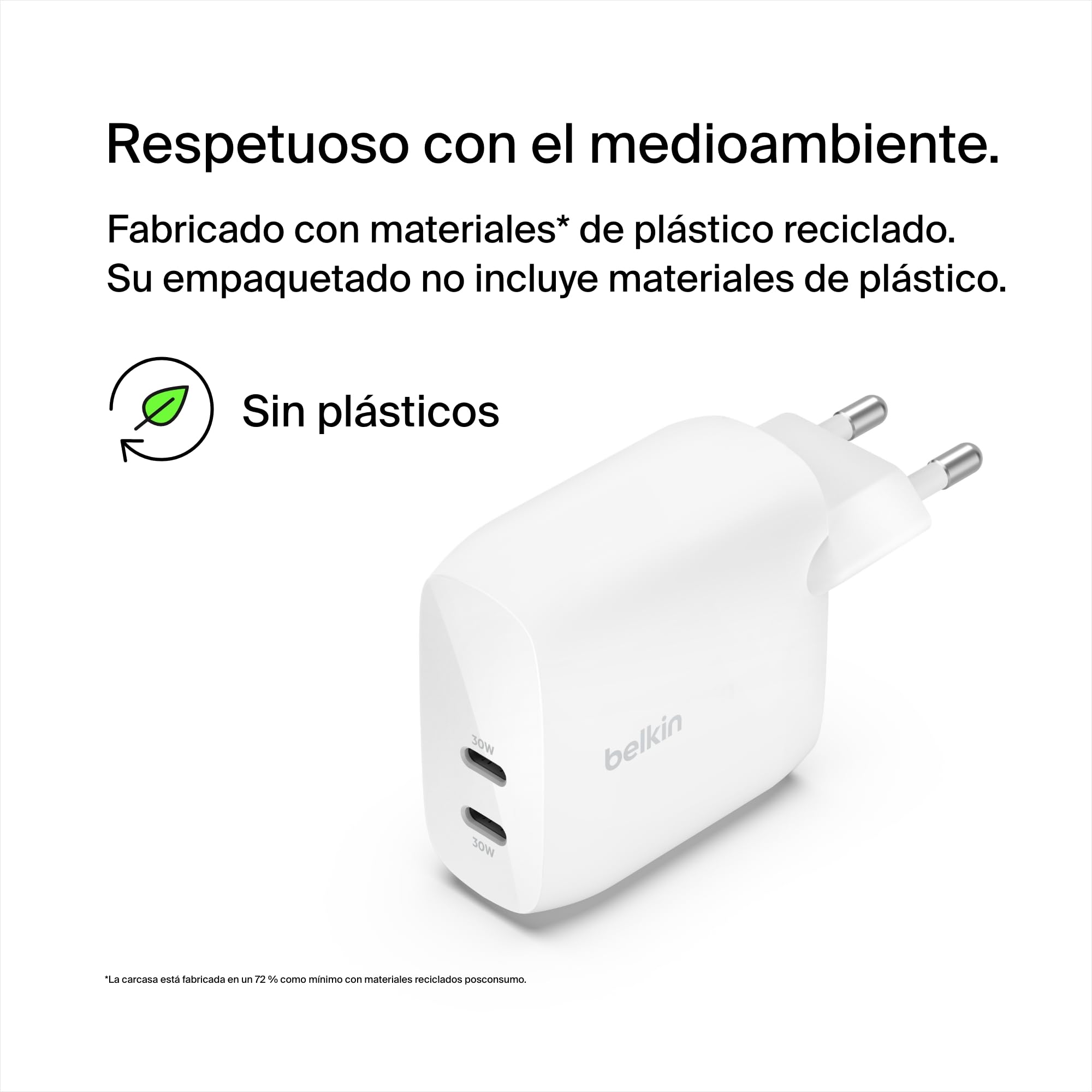 Belkin BoostCharge Cargador de Pared Doble USB-C PPS 60W, Carga Rápida | Enchufe USB PPS, Samsung, Pixel y iPhone, 2 Puertos USB-C 30W, Diseño Compacto para Viajar, Compatibilidad Universal