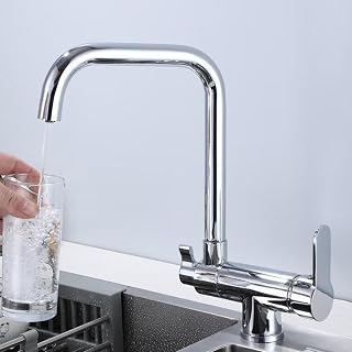 Grifo Cocina 3 Vias Osmosis Abatible, Grifo de Cocina para Ventana Plegable Giratorio de 360° Agua Purificada Agua Fría y Caliente Latón Grifos Fregadero Cocina-Cromo