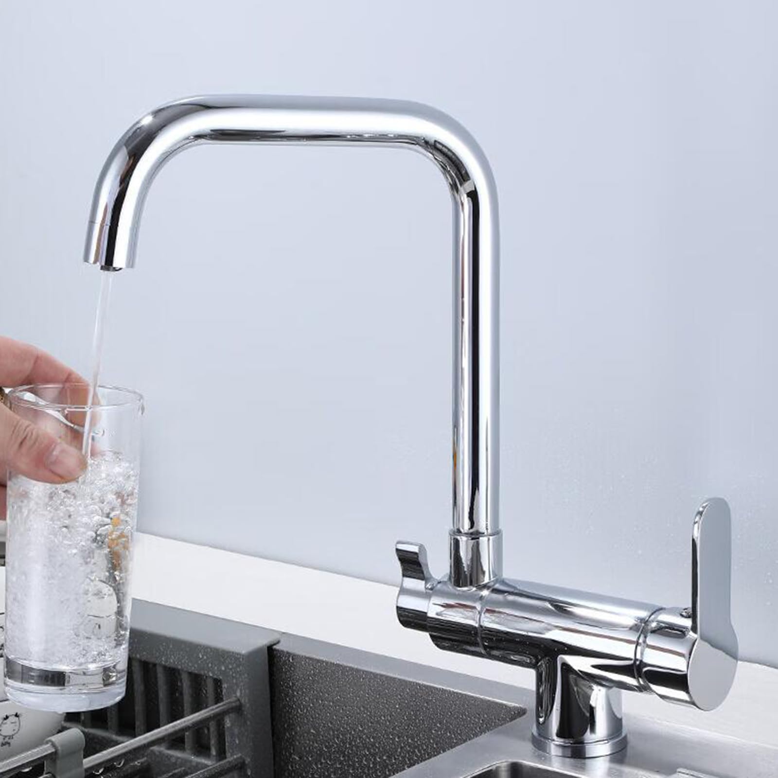 Grifo Cocina 3 Vias Osmosis Abatible, Grifo de Cocina para Ventana Plegable Giratorio de 360° Agua Purificada Agua Fría y Caliente Latón Grifos Fregadero Cocina-Cromo