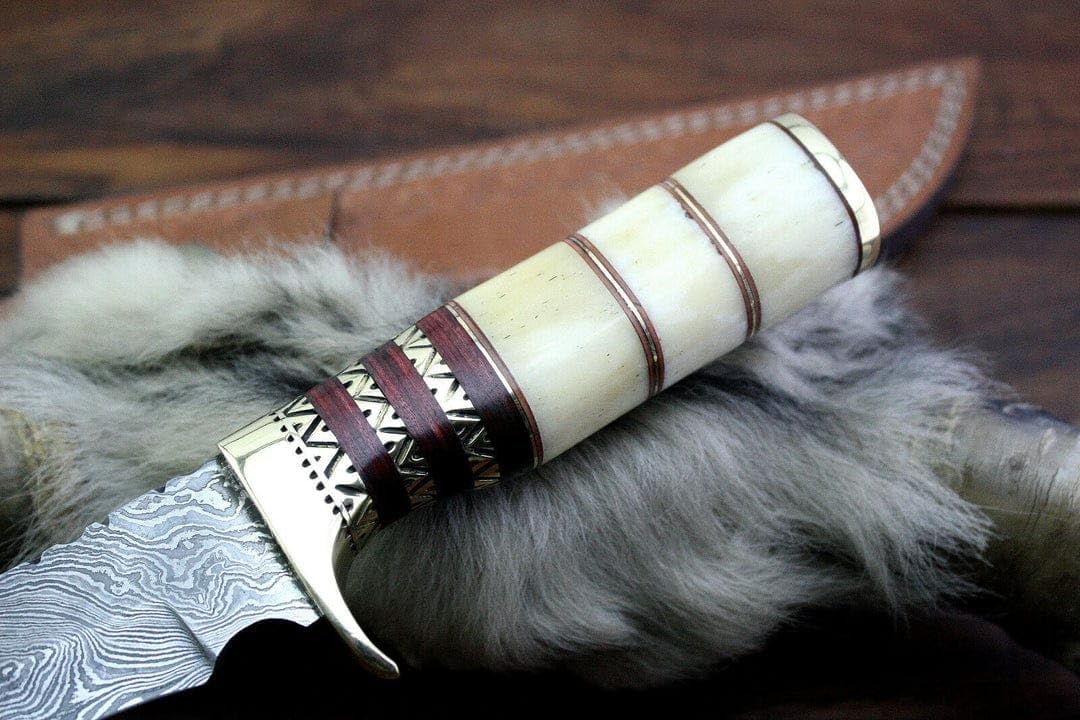 Fixed Blade Outdoor Knife with Leather Sheath, Damascus Steel Blade, Outdoor Knives for Hunting, Fishing, Camping