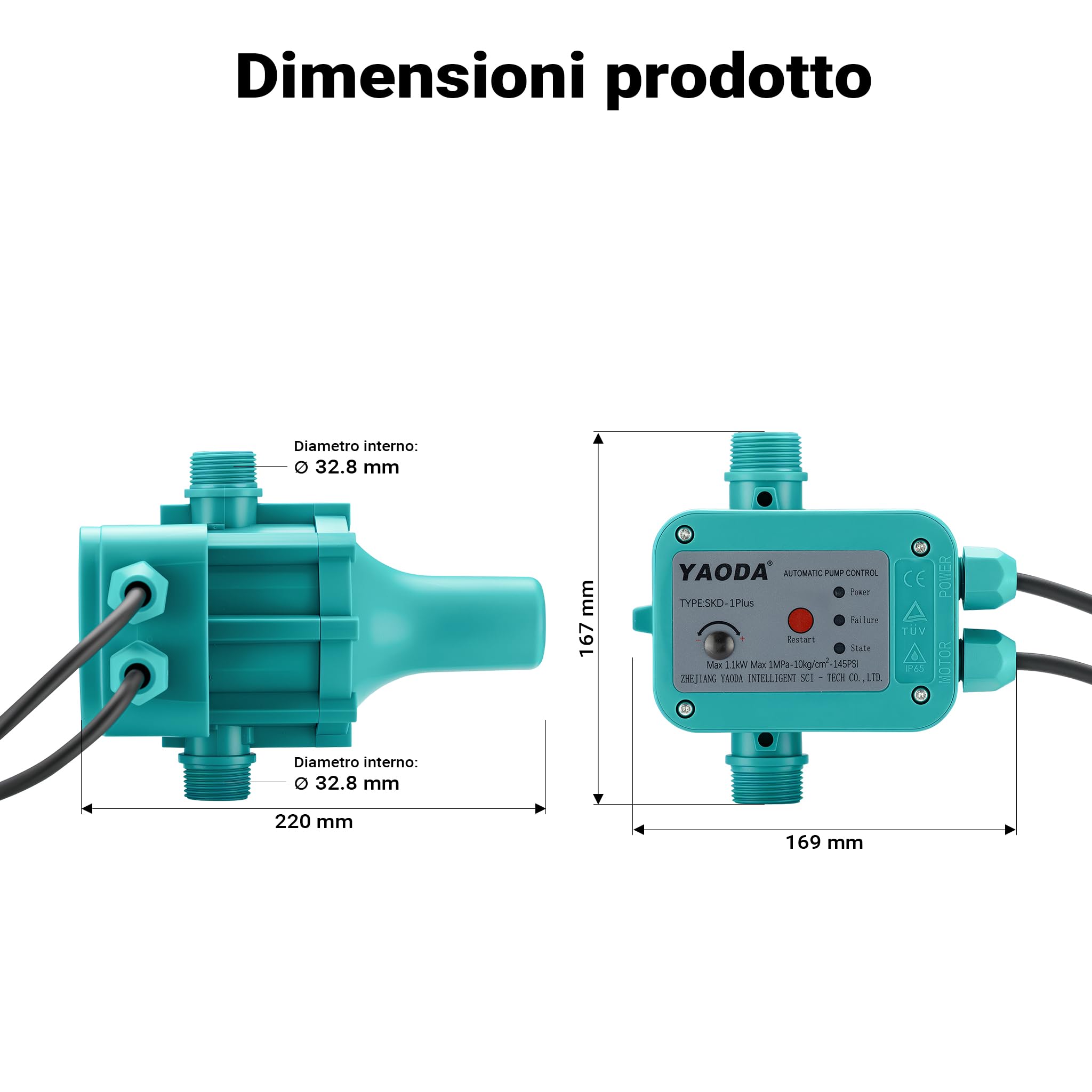 Wiltec Pressostato SKD-1 230V monofase 10 bar unità di controllo pompa funzionamento a secco, per autoclave