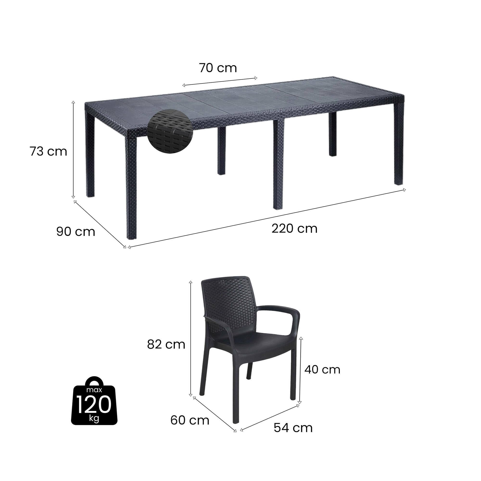 Dmora - Set tavolo e sedie Moie, Salottino indoor, Tavolo rettangolare allungabile con 8 sedie con braccioli, Made in Italy, Antracite
