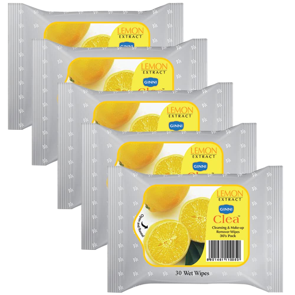 GINNI CLEA Cleansing & Makeup Remover Wipes Wet Wipes for Face Moisturizing | Effortlessly Erase Makeup, Hydrate & Soothe Skin with Lemon Freshness (150 Pulls, Pack of 5)