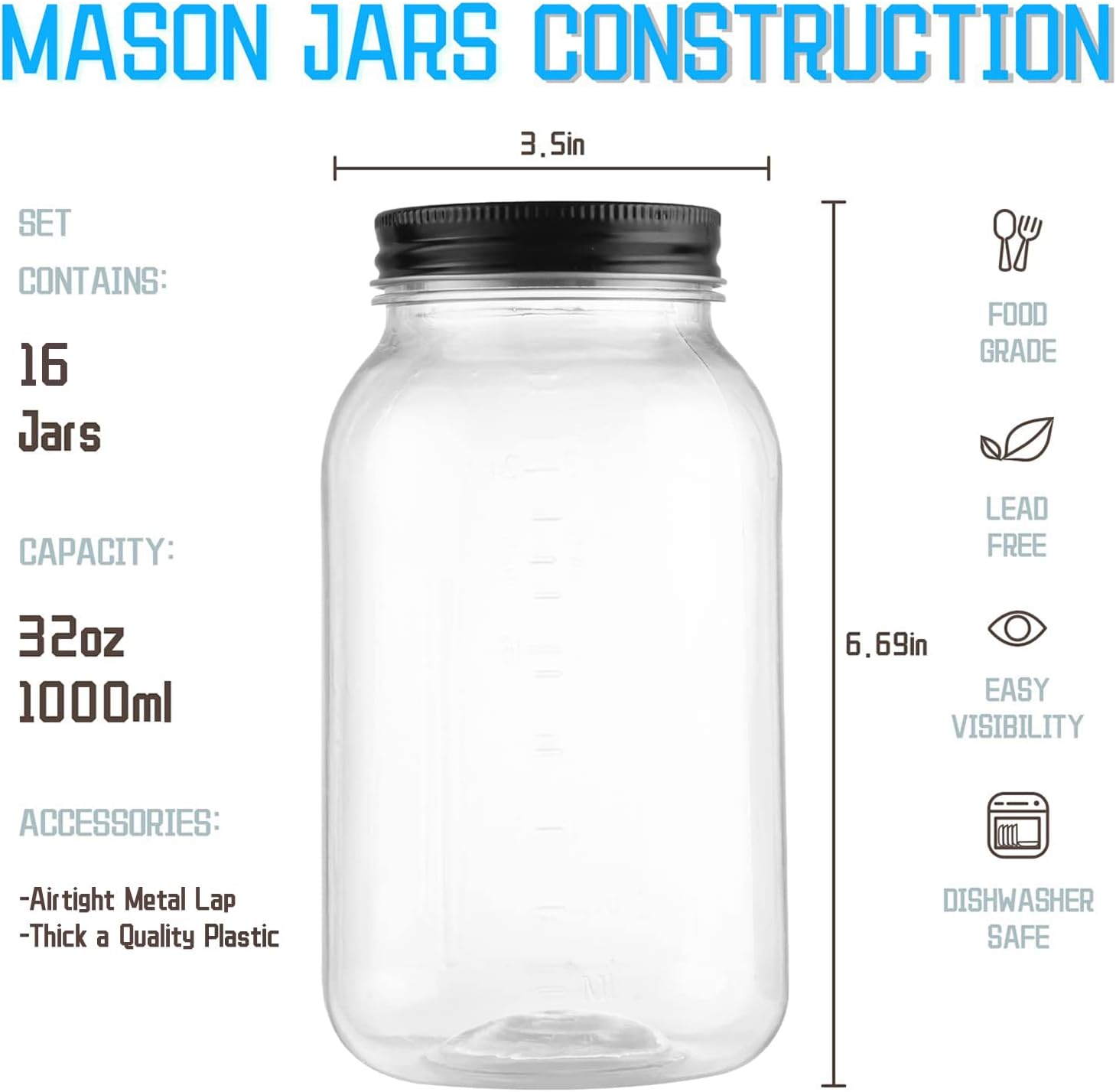 novelinks 32 oz mason jars with plastic lids, 16 pack large plastic salad jars with lids 32oz, reusable spice containers & kitchen jars for pantry organization (16 pack,black) black 16pack