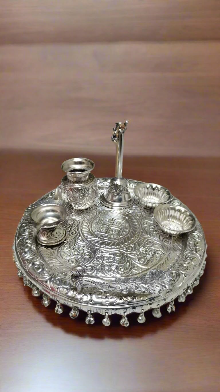 indiancraftsbykanika German Silver Pooja thali Set for Housewarming/Diwali