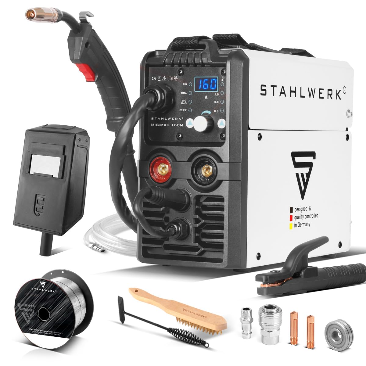 STAHLWERK MIG MAG Schweißgerät 160 Ampere - Fullsynergisches 5 in 1 Kombigerät für Profis und Hobbybelastete in Werkstät