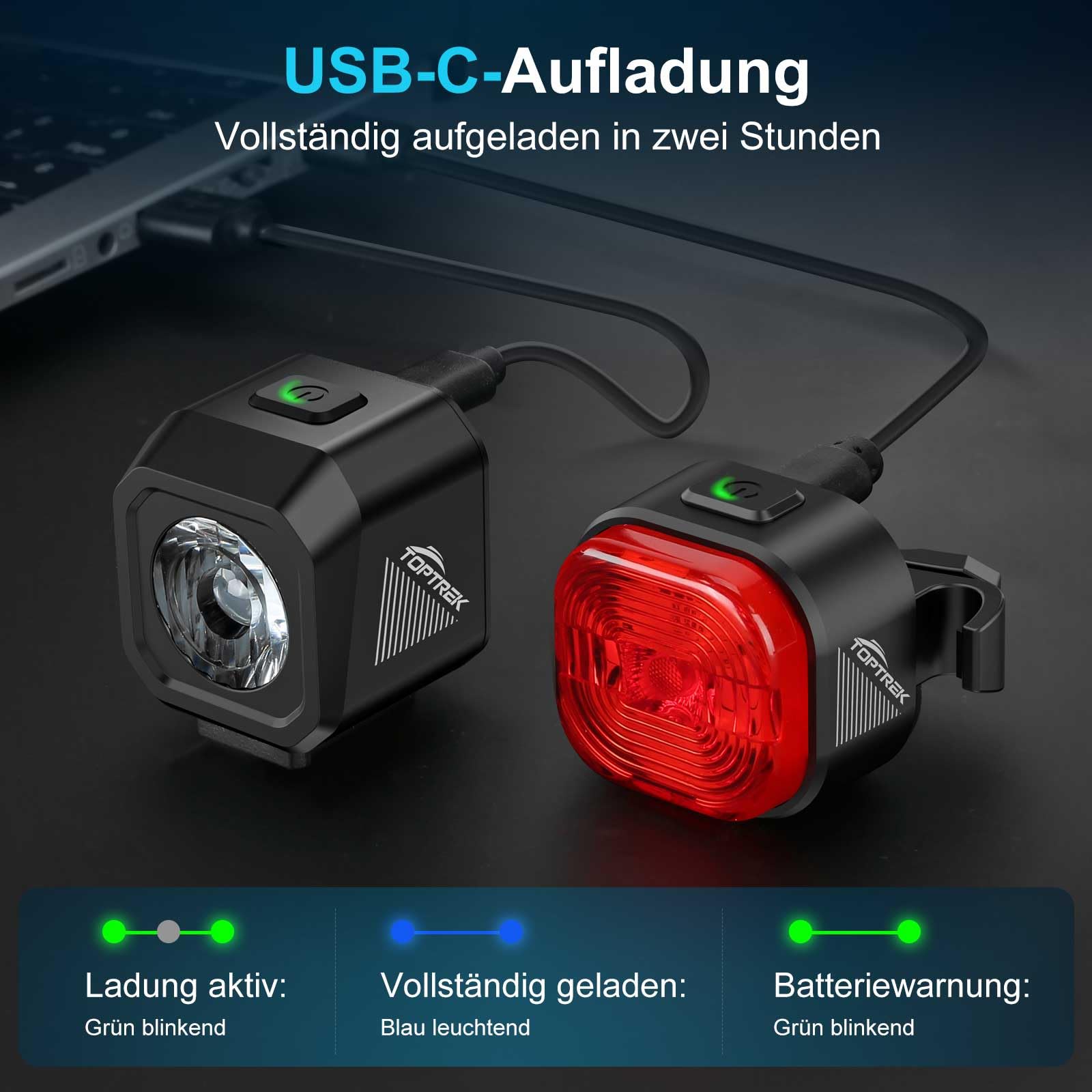 toptrek Fahrradlicht Set USB Aufladbar, StVZO zugelassen Fahrrad Lichter Led Set, IPX5 Wasserdicht Fahrradbeleuchtung Set, Batterie Aufforderung Schwach, Frontlicht & Rücklicht Set