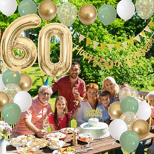 Image of 60th Birthday Decorations for Men Women, Sage Green White Gold Balloons With Happy 60th Banner, Cake Topper, Number 60 Foil Balloon for 60 Year Old Party Decoration