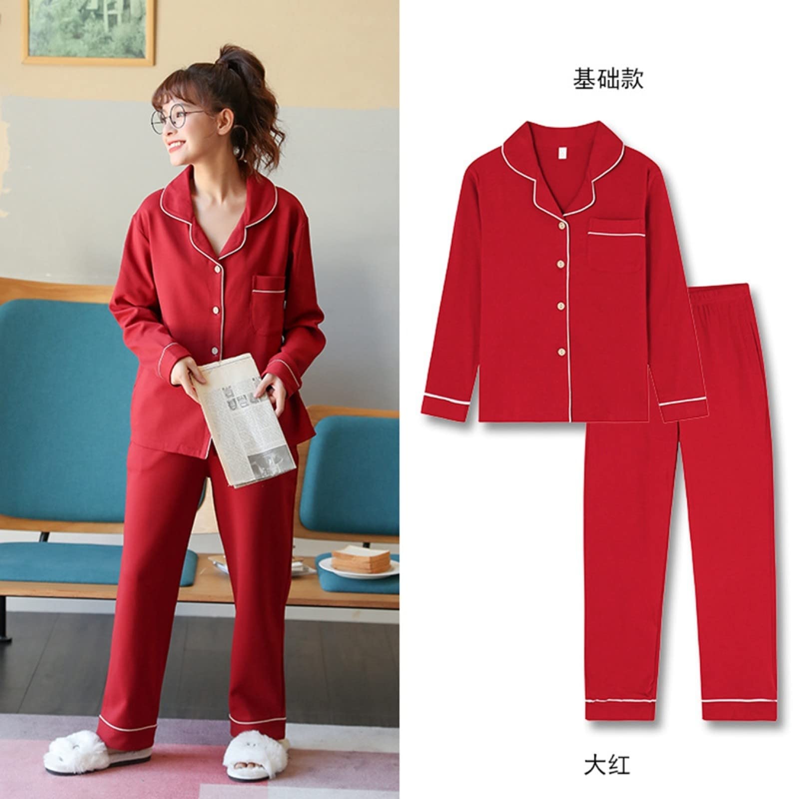 Pijamas de Franela para Invierno y otoño para Mujer y Hombre, Conjuntos de Pijama de 2 Piezas para Mujer, de algodón, de Manga Larga, con Solapa, Sencillos, Rojos, Informales, para
