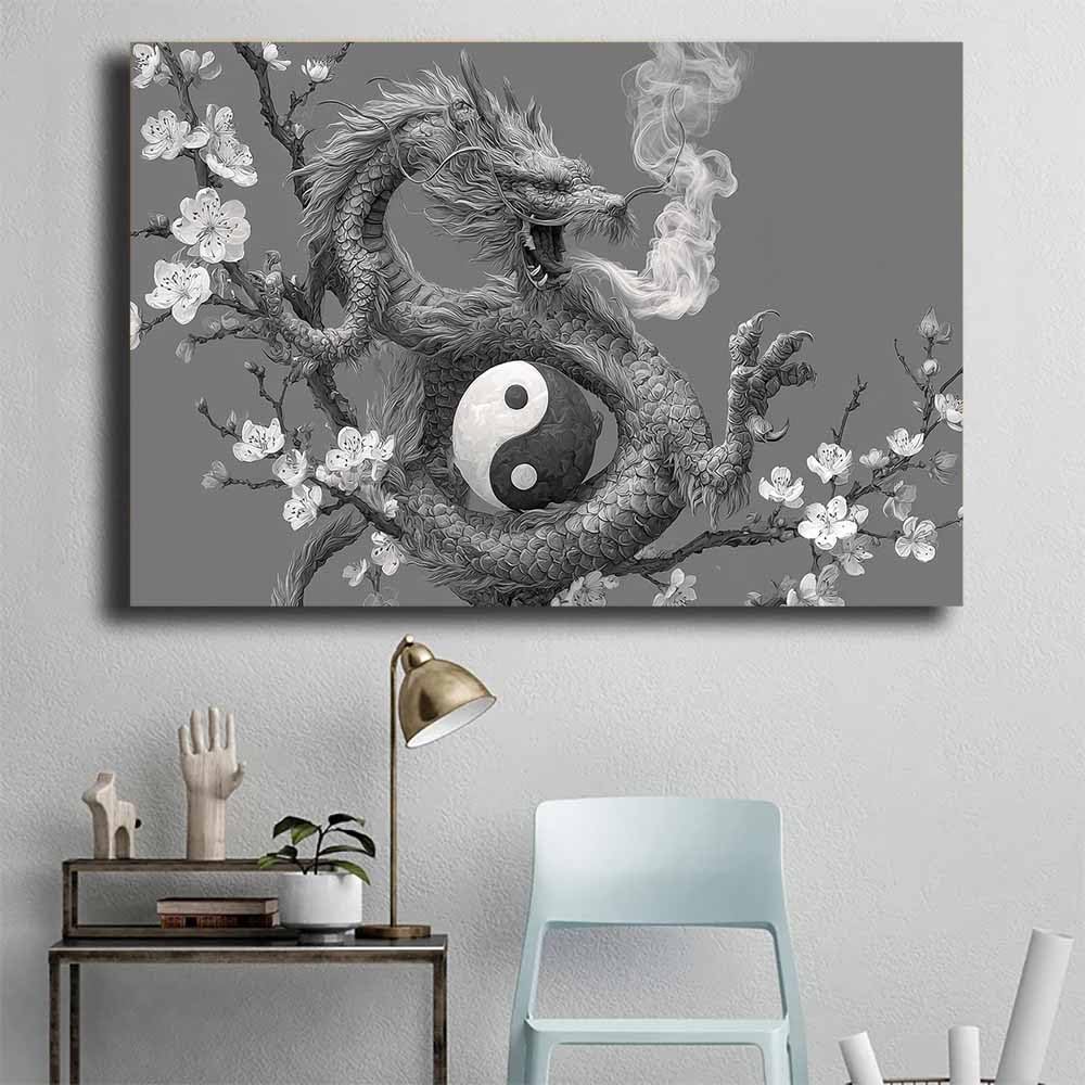 DMZPKZB Czarno-białe dekoracyjne plakaty Tai Chi Wall Art Prints Decor Canvas,nowoczesne obrazy do salonu, do sypialni salonu łazienki(czarno-biały-50x70cm oprawione