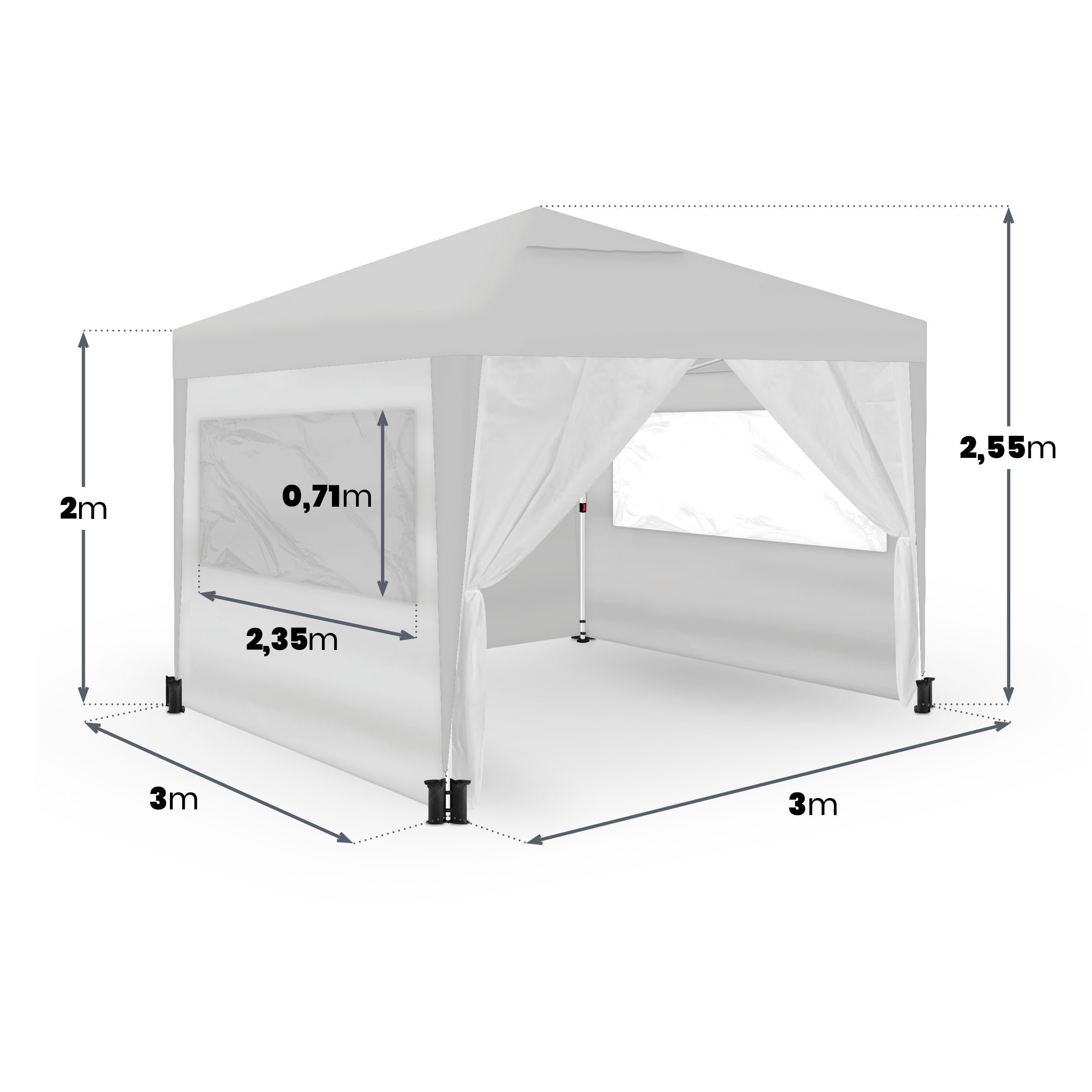 Wasabi - Tonnelle Pliable 3 x 3 m - 4 parois latérales - 4 Sacs de Sable, piquets et Cordes de Fixation - Sac de Transport - Pergola en Nylon - Tonnelle pour Jardin extérieur, Camping, fêtes