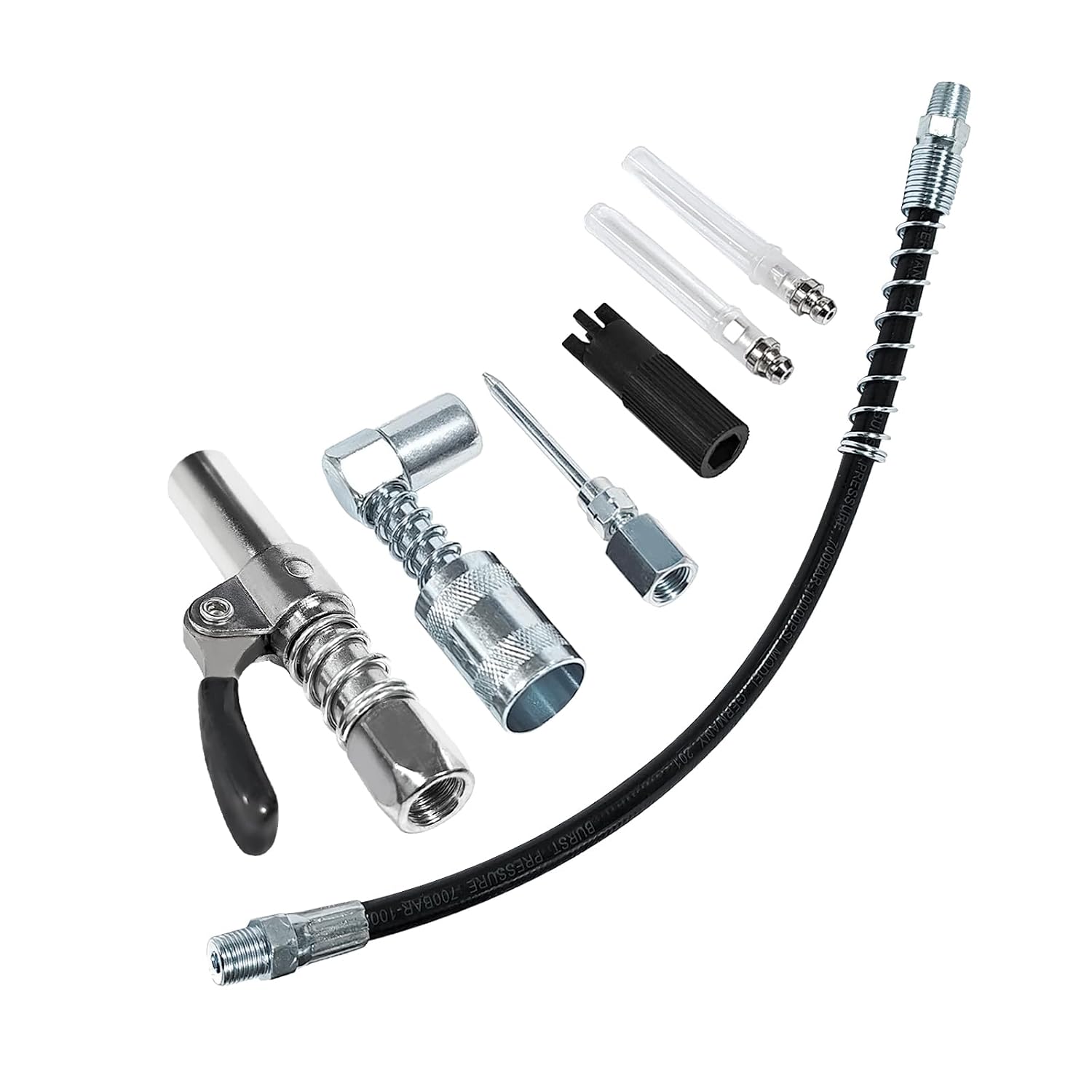 3-Piece Heavy Duty Grease Gun Kit w/Carbon Steel Gun, Stainless Steel Needle & 12" Polyethylene Hose – for Automotive, Machinery & Industrial Lubrication