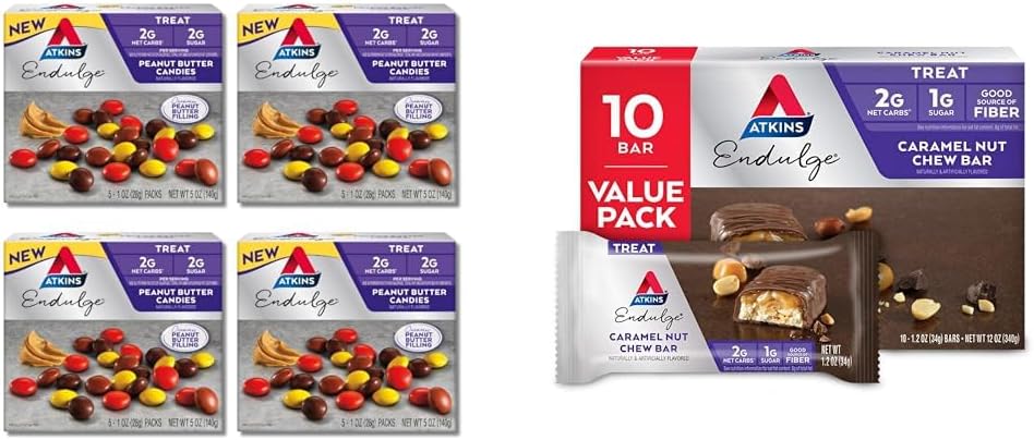 Atkins Endulge Peanut Butter Candies 2g Net Carbs 2g Sugar 4 Packs, Caramel Nut Chew Bars 1g Sugar 10 Count