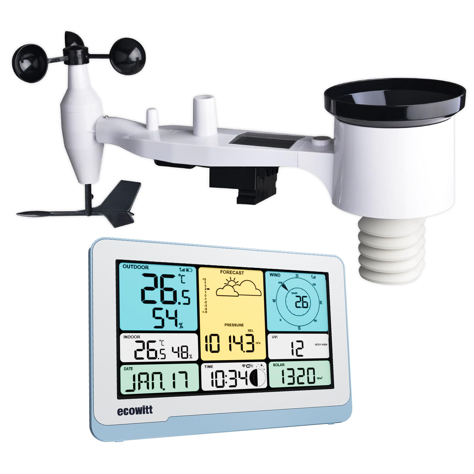 ECOWITT Stacja pogodowa z czujnikiem zewnętrznym WS3820, 7 w 1, energia słoneczna, Wifi dom pogoda czujnik zewnętrzny WS69, 7,5 ogród, bezprzewodowy, kolorowy wyświetlacz LCD do wnętrz