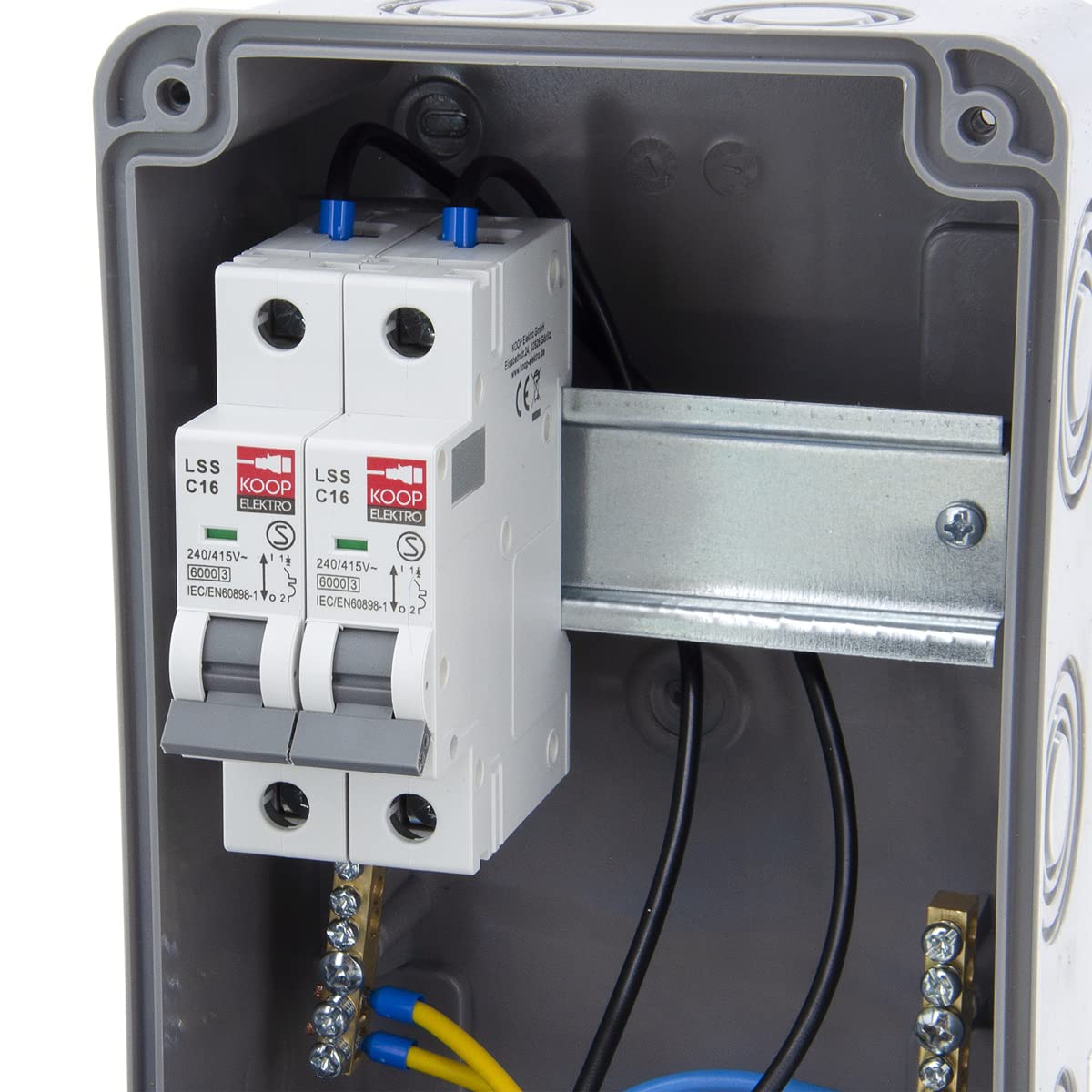 ELS Elektrotechnika distributore cablato da cantiere distributore da parete distributore di potenza con fusibili e prese Schuko 2x230V+2x interruttori magnetotermici C16, per ambienti interni/esterni