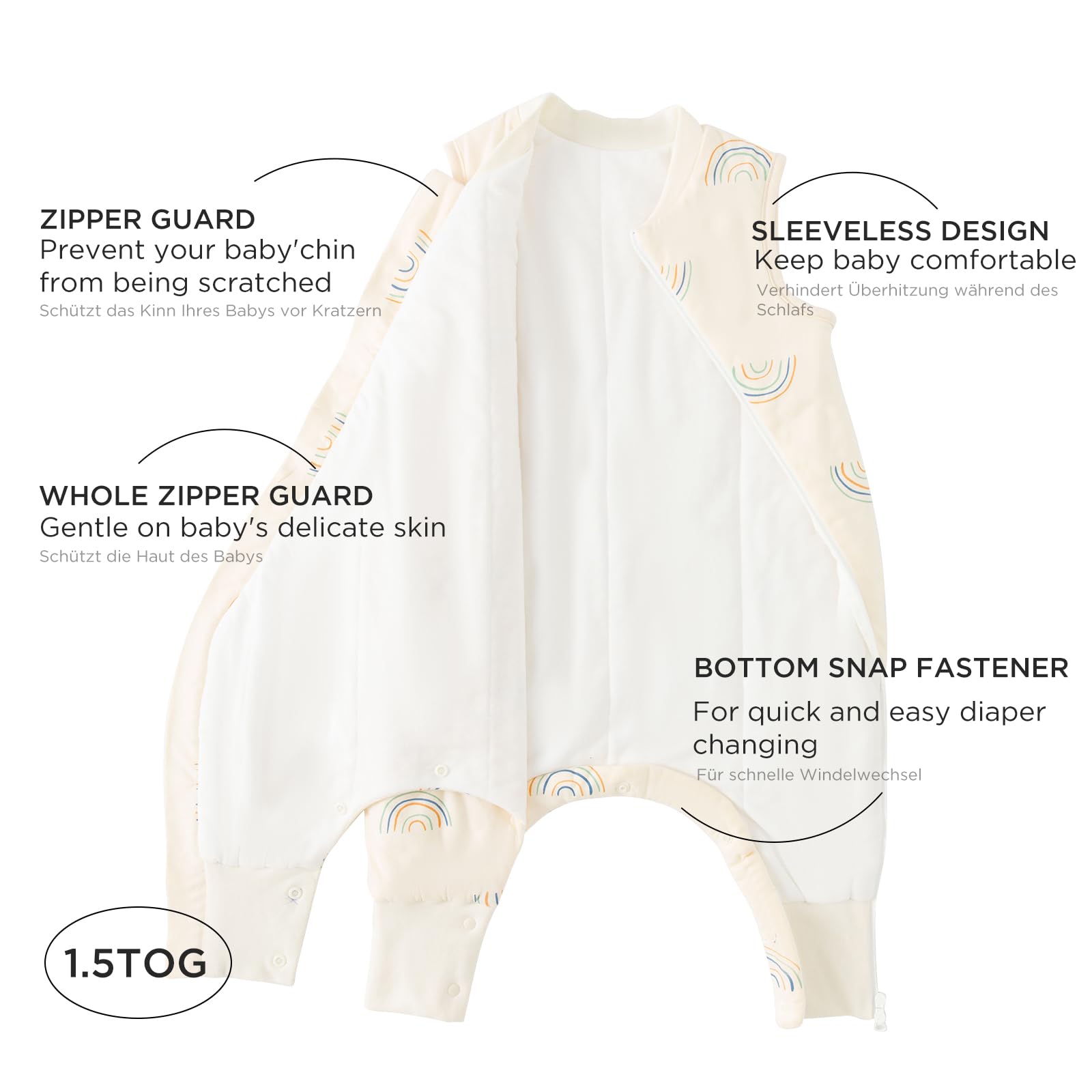 Duomiaomiao Sacco nanna con piedi, per tutto l'anno, in 100% cotone, con piedi, 1,5 Tog, sacco nanna con gambe, per bambini e bambine(Rainbow/1-2 anni)