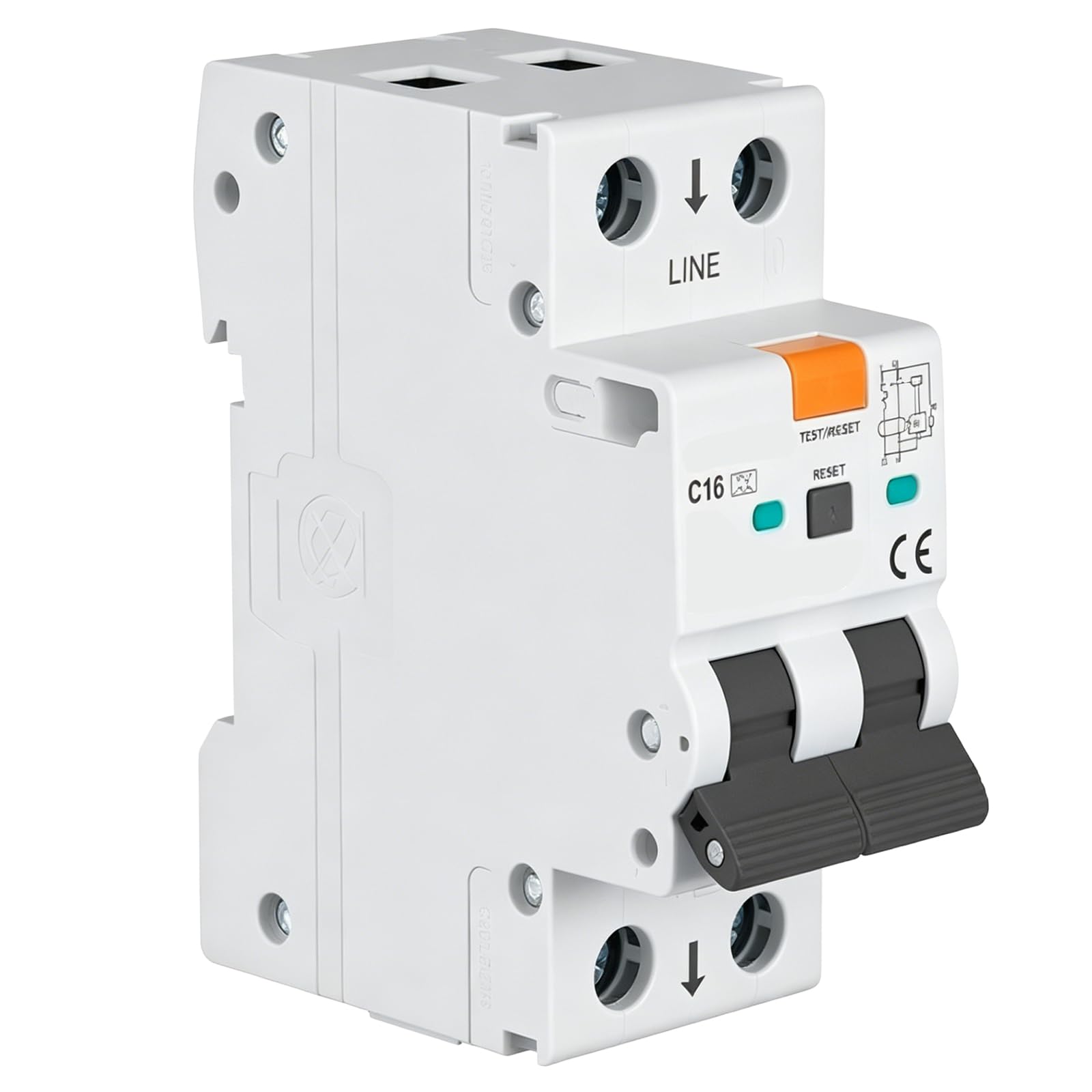 Interruptor C16 RCBO FI/LS: interruptor de corriente residual 16 A 30 mA tipo A con protección contra sobrecarga y cortocircuito, montaje en carril, para uso doméstico y comercial