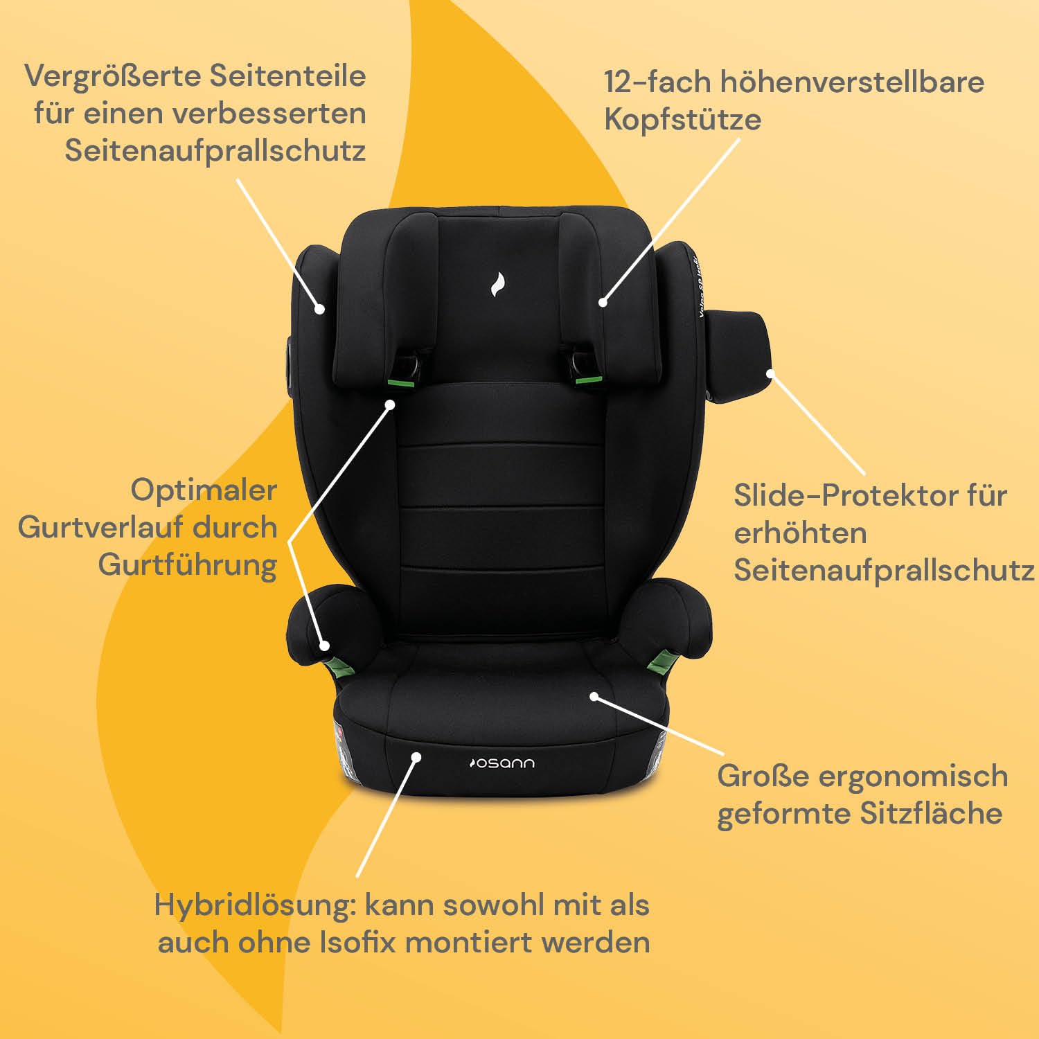 OSANN - Fotelik samochodowy Volpo SP Isofix i-Size - 100-150 cm - 3 do 12 lat - Grupa 3 - Szary, z wygodnymi podłokietnikami, Wysokości 12 pozycji, Przodem do kierunku jazdy,