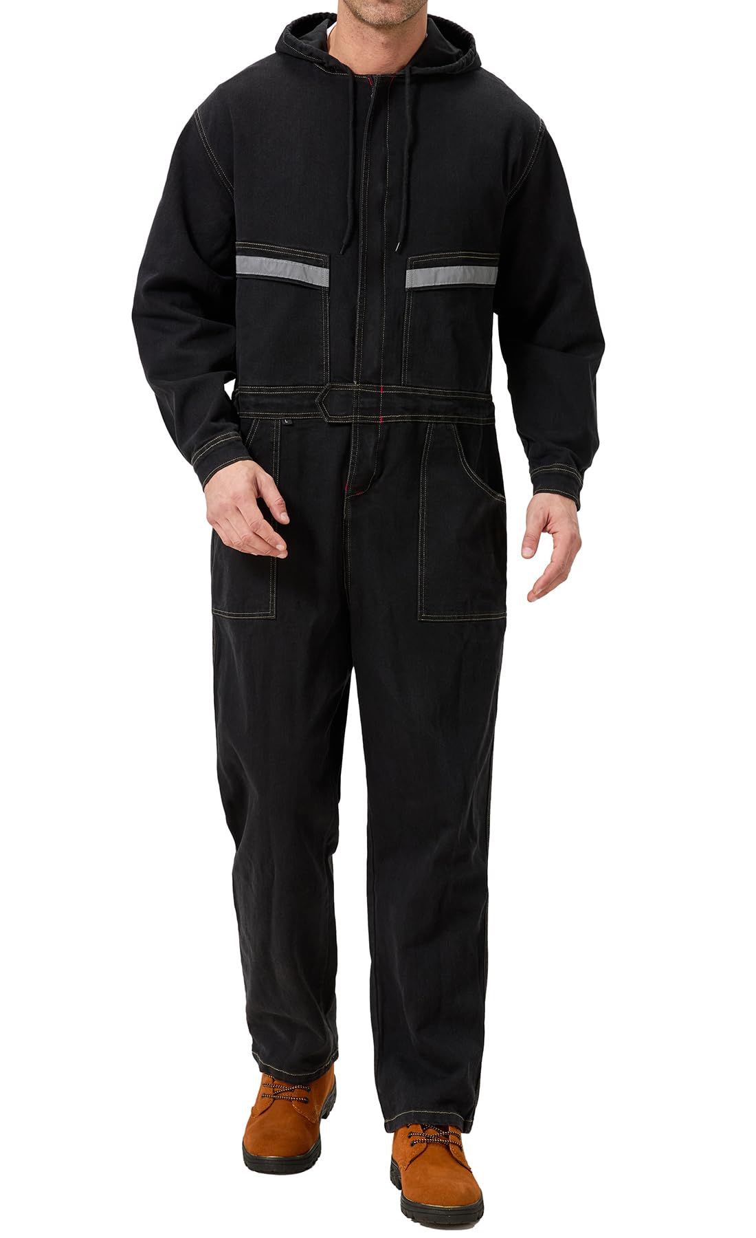 Overol de trabajo de mezclilla para hombre con capucha, overol de trabajo resistente, de alta visibilidad, con pantalones vaqueros, color negro, talla M