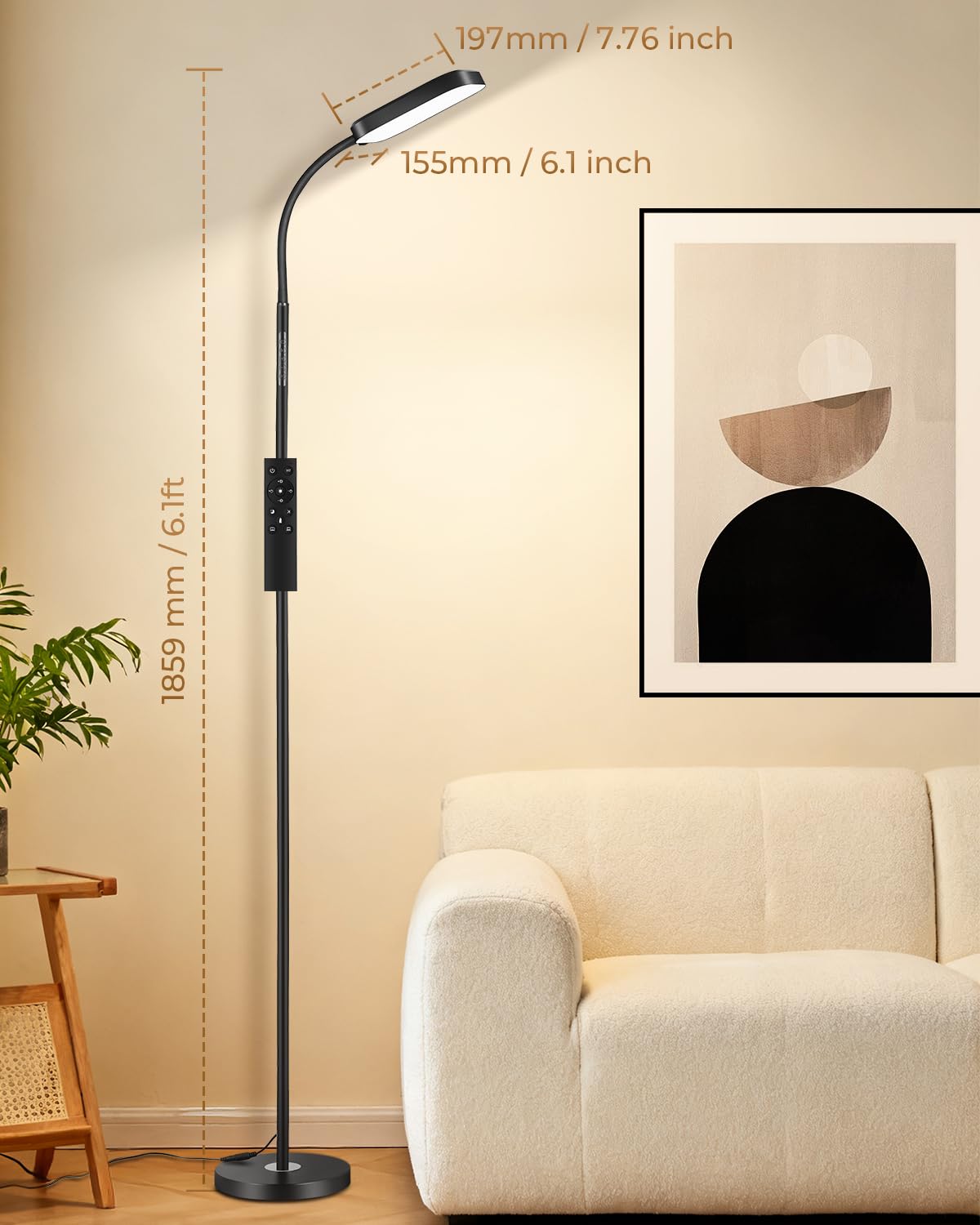 Lámpara de pie LED regulable 18W, 1850 lm – Lámpara de pie para salón con mando a distancia, 3000–6500K, lámpara de lectura moderna y regulable