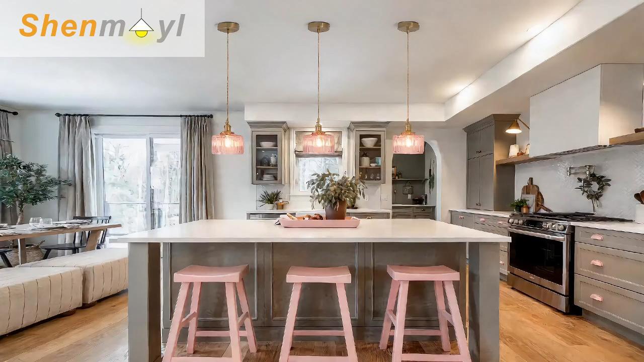 Image of Shenmoyl Pendant Light with Pink Striped Glass Lmapshade, Brass Vintage Pendant Light Adjustable Hanging Light for Kitchen Island Dining Room Hallway