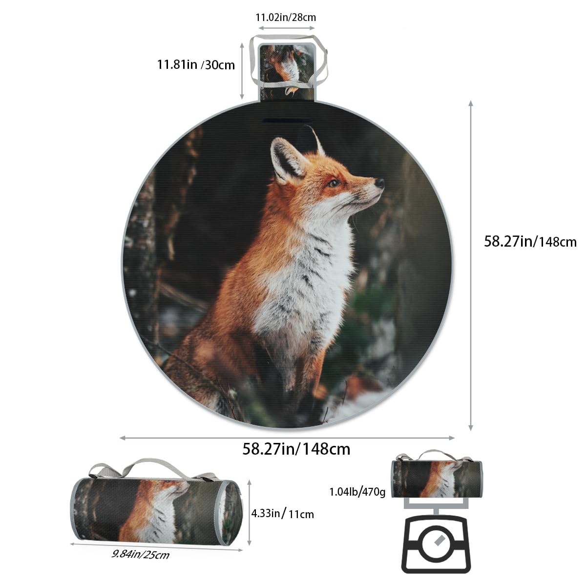 Shimoshe Forest Fox Picnic Outdoor Blanket Foldable Waterproof Sandproof Beach Blanket Portable Water-Resistant Animal Fox Round Picnic Mat for Travel Camping Park Lawn