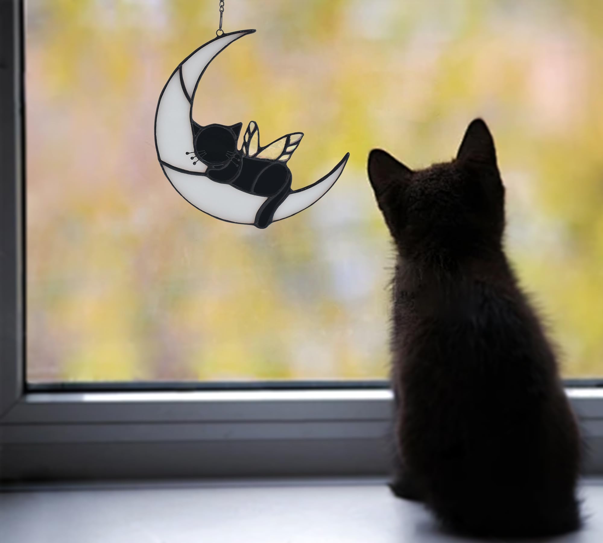 Amazon.co.jp: Velasyart 眠っている猫 虹の翼 月 ステンドグラス 窓